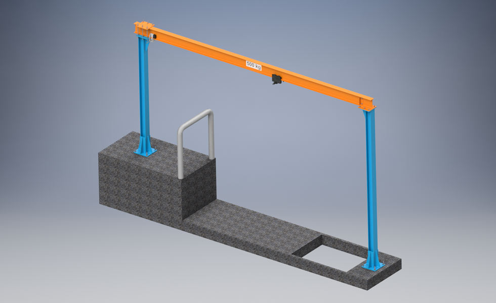 Fixed gantry crane without wall, steel structure or ceiling adaptation.