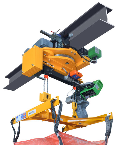 Rotating hoist trolley system for a safe swiveling load operation.