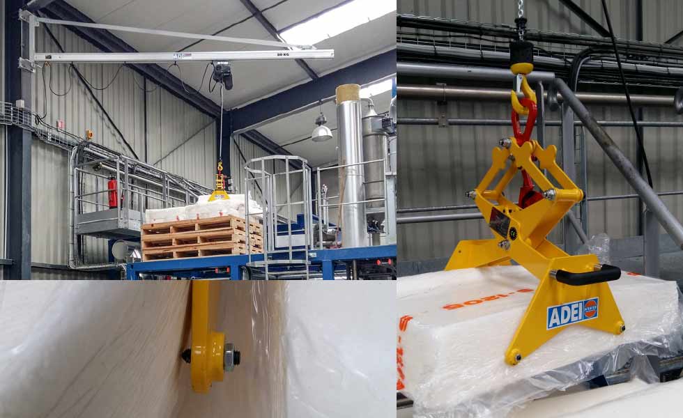 Potence murale triangulée avec rail creux aluminium, pince mécanique spéciale et palan de levage électrique